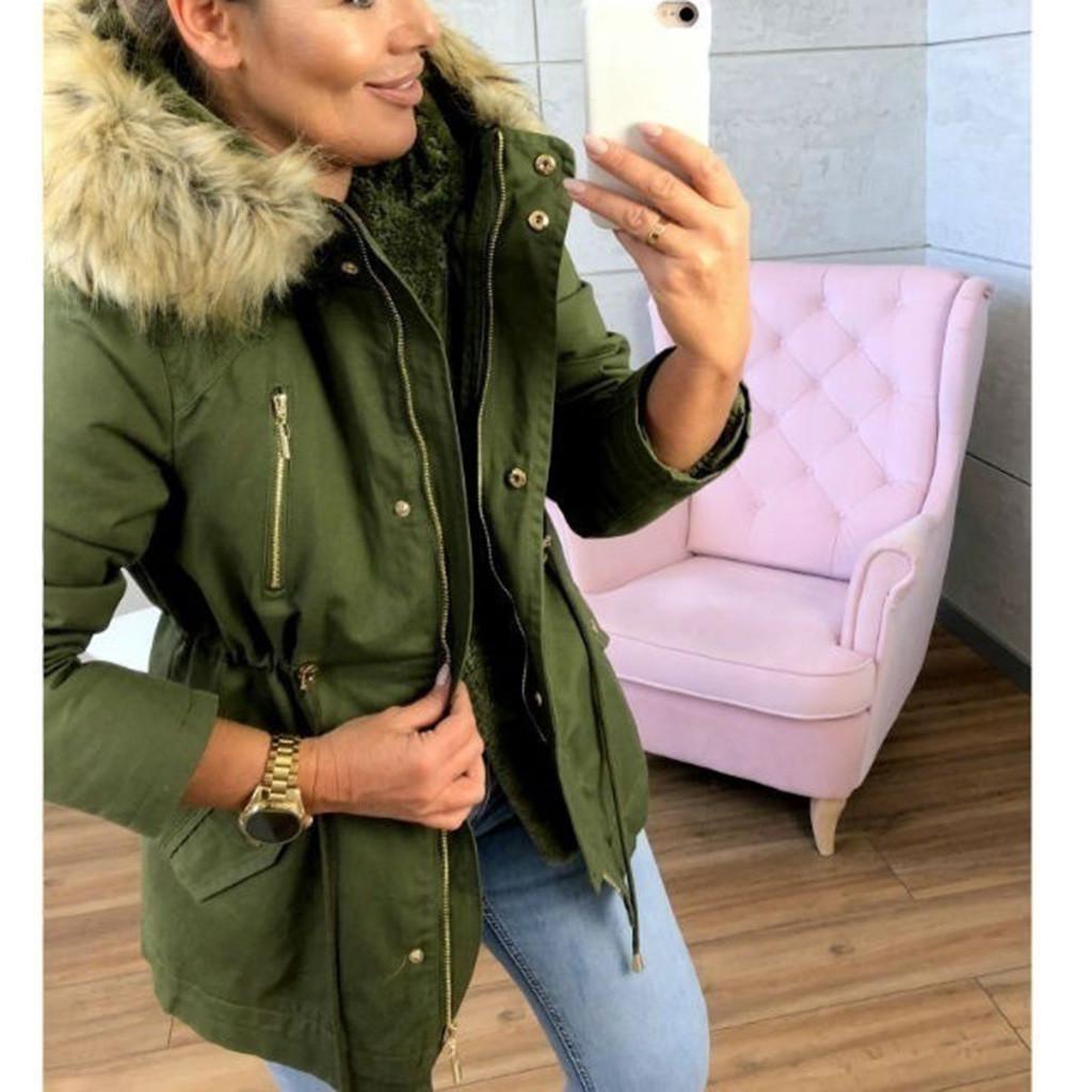 Women Fashion Winter Warm Military Hooded Jacket Casual Faux Outwear