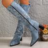Мода Мода Супер Высокий Каблук Сапоги Женские 2025 Винтажный Острый Носок Черный Синий Сапоги До Середины Икры Женские Стразы Декор Botas Lady