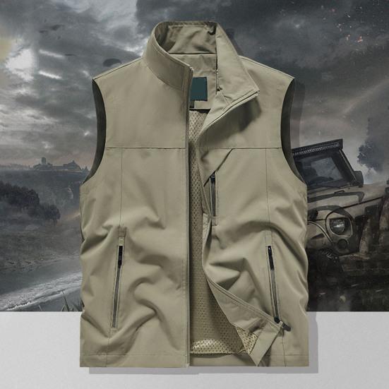 Мужской жилет с воротником-стойкой, без рукавов, застежка-молния, жилет с большими карманами, однотонный жилет для рыбалки на открытом воздухе
