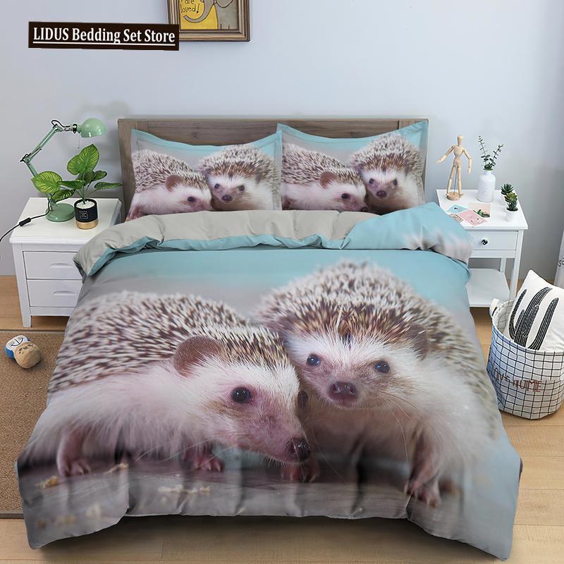Hedgehog Bedding Set Cute Kawaii Wildlife Comforter Cover With Pillowcases For Kids Boys Girl Polyester Bedding Set King Size