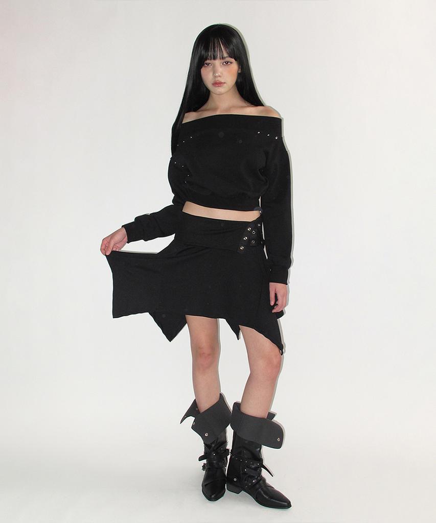 Crank Rollover Snap Flare Skirt_Black