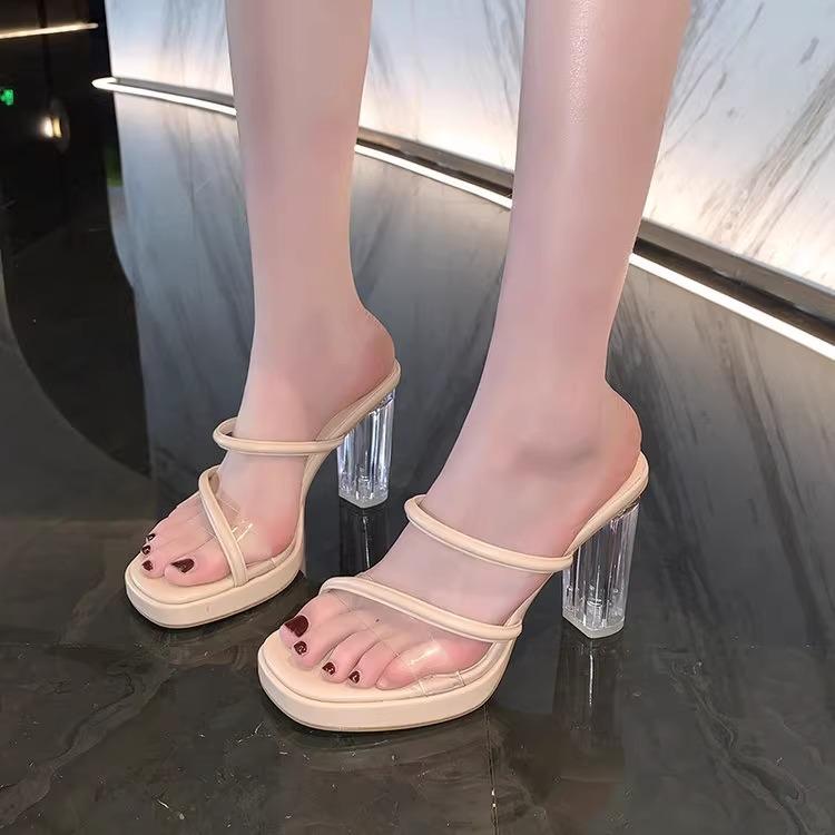 High heels women's outer wear new summer transparent sandals one word with thick heel crystal heel cool slippers women's shoes
