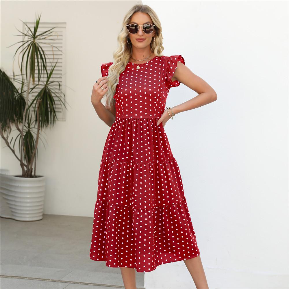 Polka Dot Print Summer Women Long Dress Round Neck Ruffled Sleeveless