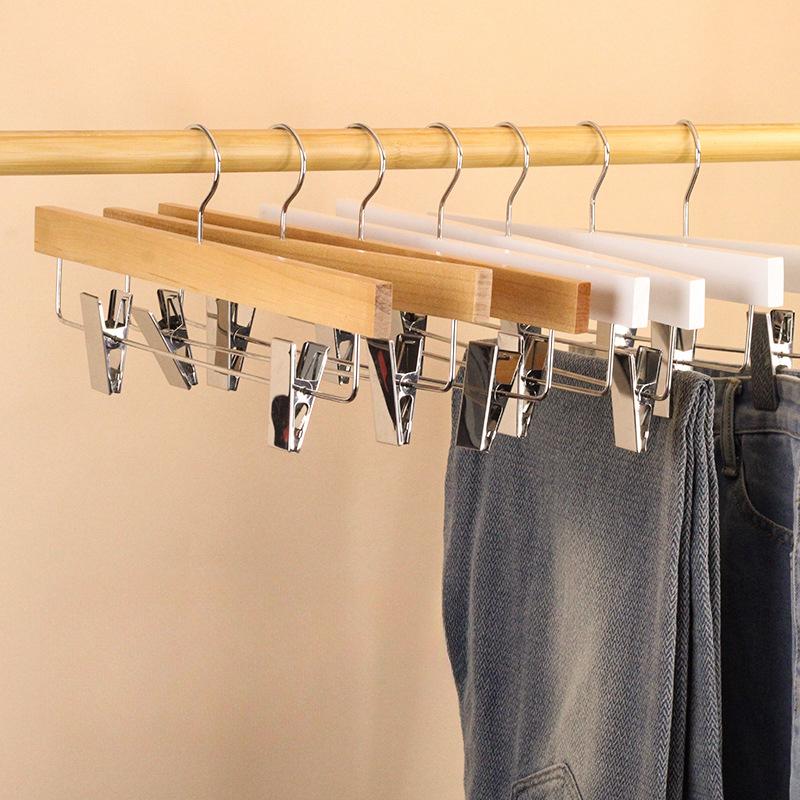 White Wooden Pants Hanger,5 Pack Durable Skirt Hangers with Adjustable Clips for Jeans Slacks Shorts,Heavy Duty Clip Hangers