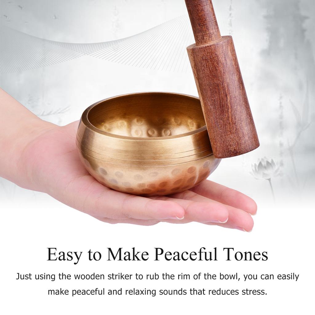 Tibetan Singing Bowl Set with 8cm/3inch Handmade Metal Sound Bowl & Soft Cushion & Wooden
