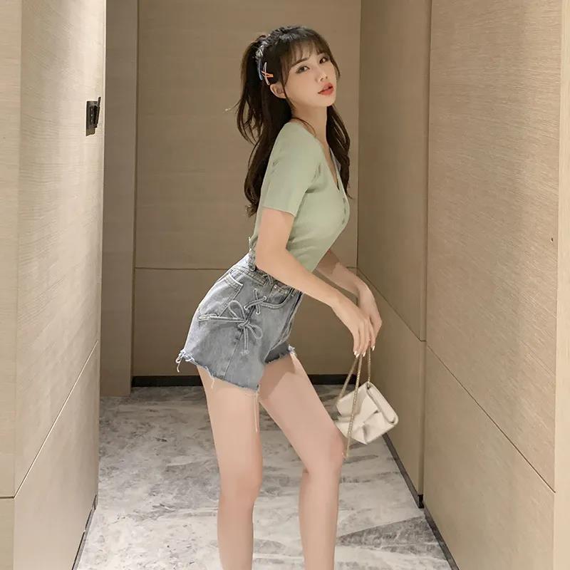 WTEMPO Женские свободные джинсовые шорты с высокой талией и перекрестными бретелями, весна-лето, широкие, А-силуэта, тонкие повседневные шорты