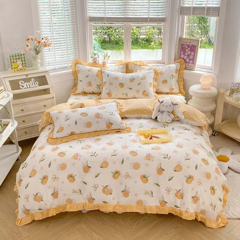 Комплект постельного белья с розовым цветочным принтом, 100% хлопок, корейский стиль, оборка, пододеяльник с 2 наволочками, приятный для кожи комплект постельного белья размера «queen-size»