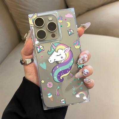 Прозрачный квадратный чехол-трубка для защиты задней панели для iPhone 11 15 Plus 12 16 ProMax 13 14 Pro Max, защита от окисления, чехол с мультяшным узором единорога