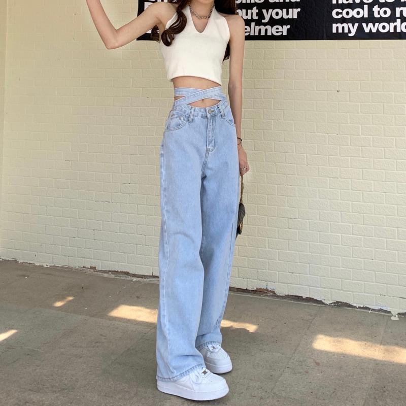 Светло-голубые джинсы, женские сексуальные бандажные корейские версии, джинсовые брюки в стиле ретро с высокой талией, широкие брюки, уличная одежда, мешковатые джинсы