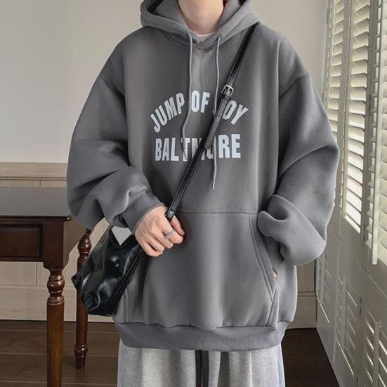 Мужская осенне-зимняя толстовка с капюшоном и буквенным принтом, свободная толстая теплая пуловер с длинными рукавами, ретро средней длины, эластичная манжета на шнурке, толстовка с большим накладным карманом