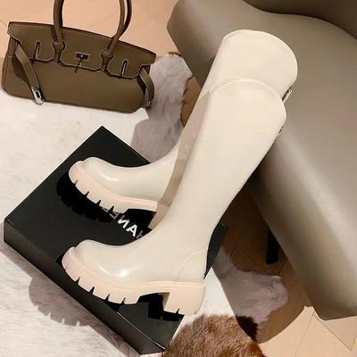 Ботинки на толстой подошве до колена женские однотонные ботинки-рыцари на толстом каблуке 2025 новые осенние тонкие ботинки на высоком каблуке