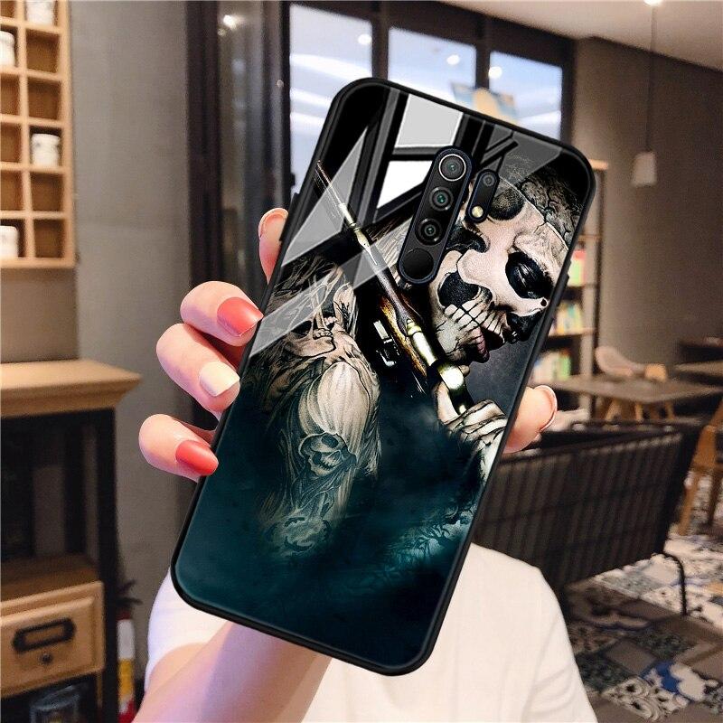 Redmi 9 Case Skull Skeleton Glass Case For Xiaomi Redmi 9 C 9C NFC 9A 8A 8 7A 7 Mi 9T Pro 9 Lite 8 SE Tempered Glass Hard Cover