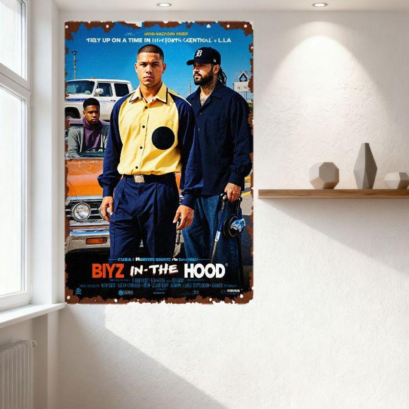BIYZ IN THE HOOD Vintage Movie Poster Metal Tin Sign, Street Scene with Car & Men, Retro Wall Decor for Bar, Man Cave, Home, Clu