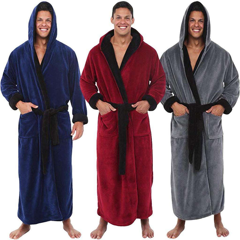 Men's Winter Lengthened Plush Shawl Bathrobe Home Clothes Long Sleeved Robe Coat
