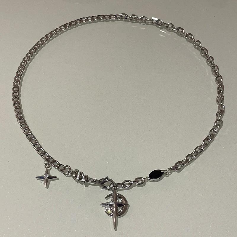 New Y2K Cuban Figaro Chain Star Moon Pendant Necklace Men Punk Black Zircon Chain Choker Necklace For Men Jewelry Gifts