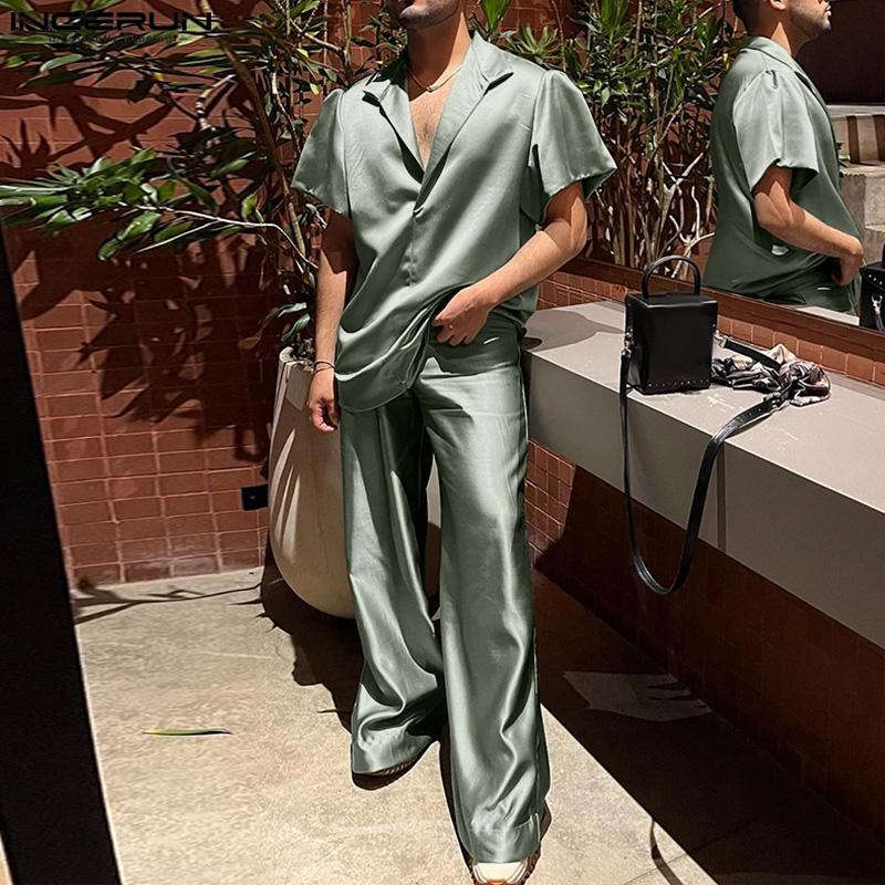 INCERUN Мужские однотонные атласные топы и брюки из двух частей с короткими рукавами