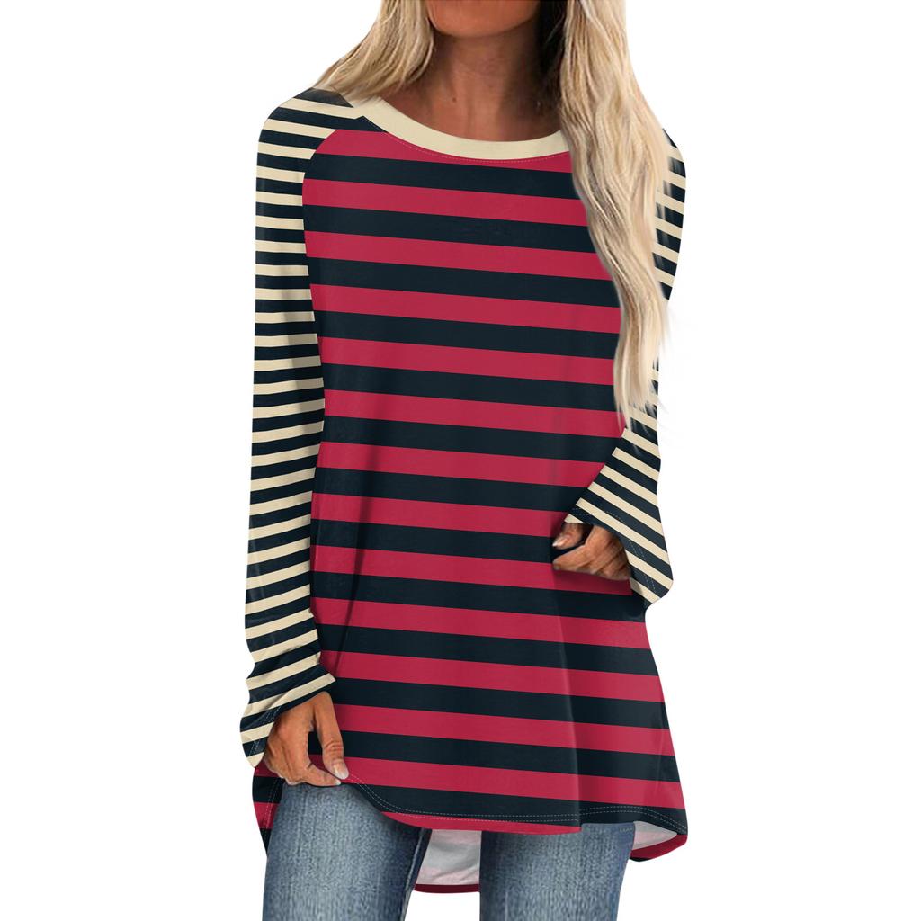 Женская мода повседневная спущенная линия плеча с длинным рукавом миди полосатый принт топ