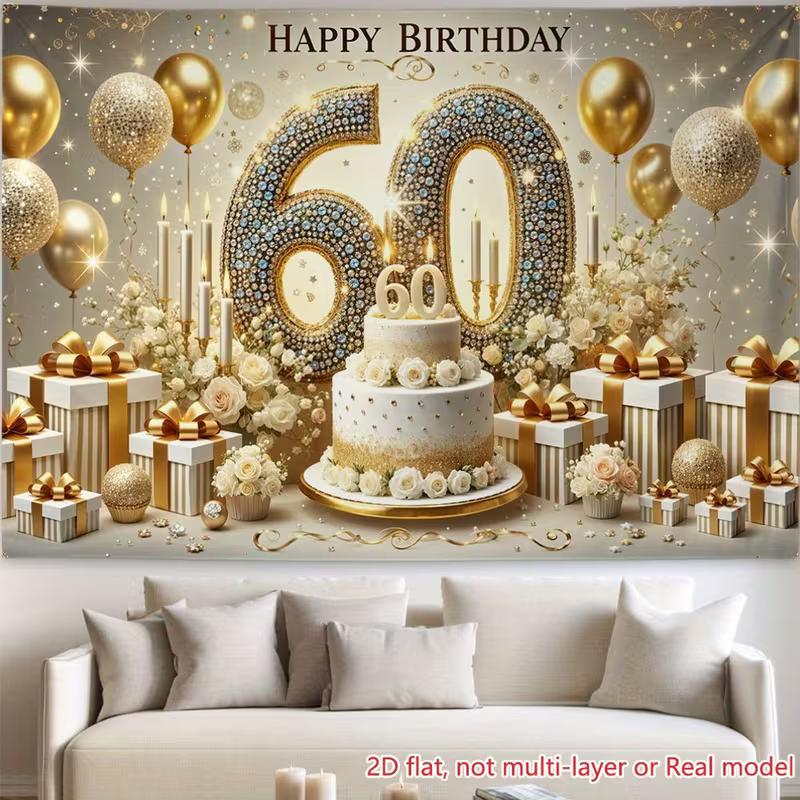 2D Gold Glitter 60th Birthday Backdrop Banner Luxury Diamond Themed Party Decor Background