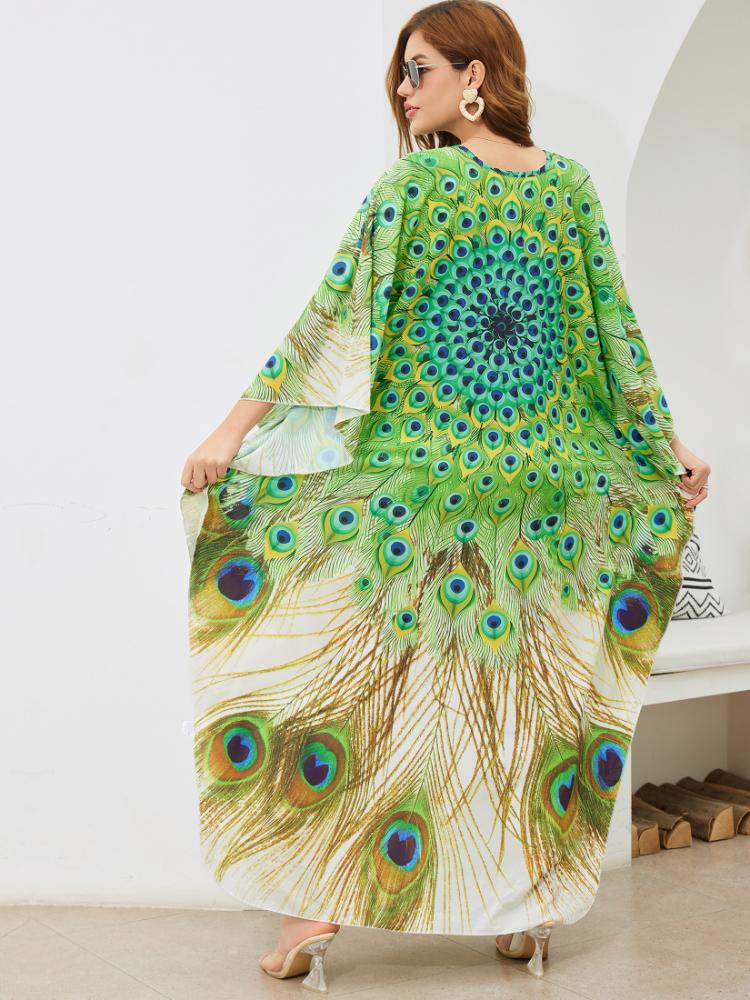 EDOLYNSA Плюс размер кафтан богемный зеленый павлин с принтом летнее длинное пляжное платье женская домашняя одежда наряд купальный костюм накидка свободный кафтан