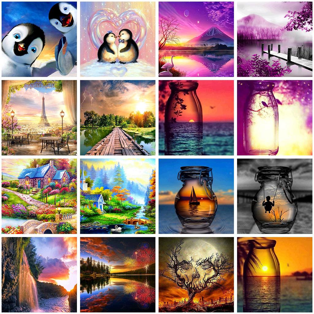 5D Diy Diamond Painting Cup Cross Stitch Sunset Landscape House Animal Penguin Mosaic Diamond Embroidery Home Decoration Gift