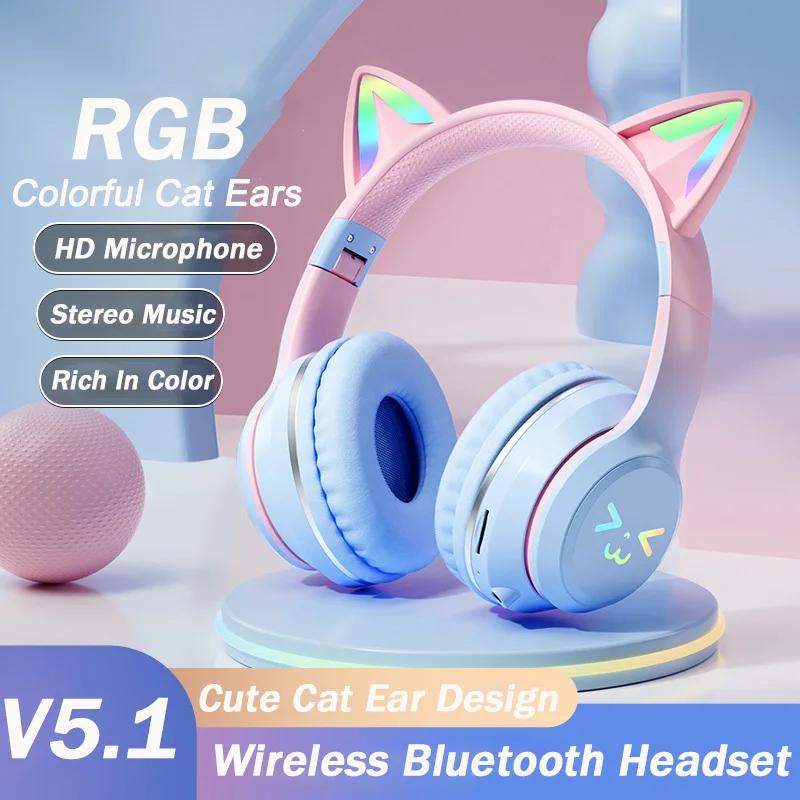 2024 New Cute Cat RGB Colour Lights Wireless Headphones Bluetooth 5.1 Stereo Music Gaming Headsets for Girls Kids Gift Headset with Microphone