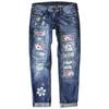 (SU)Women's Blue Flower Printed Stretch Jeans High Waist Trousers Patch Ripped Destroyed Denim Pants Skinny Pants