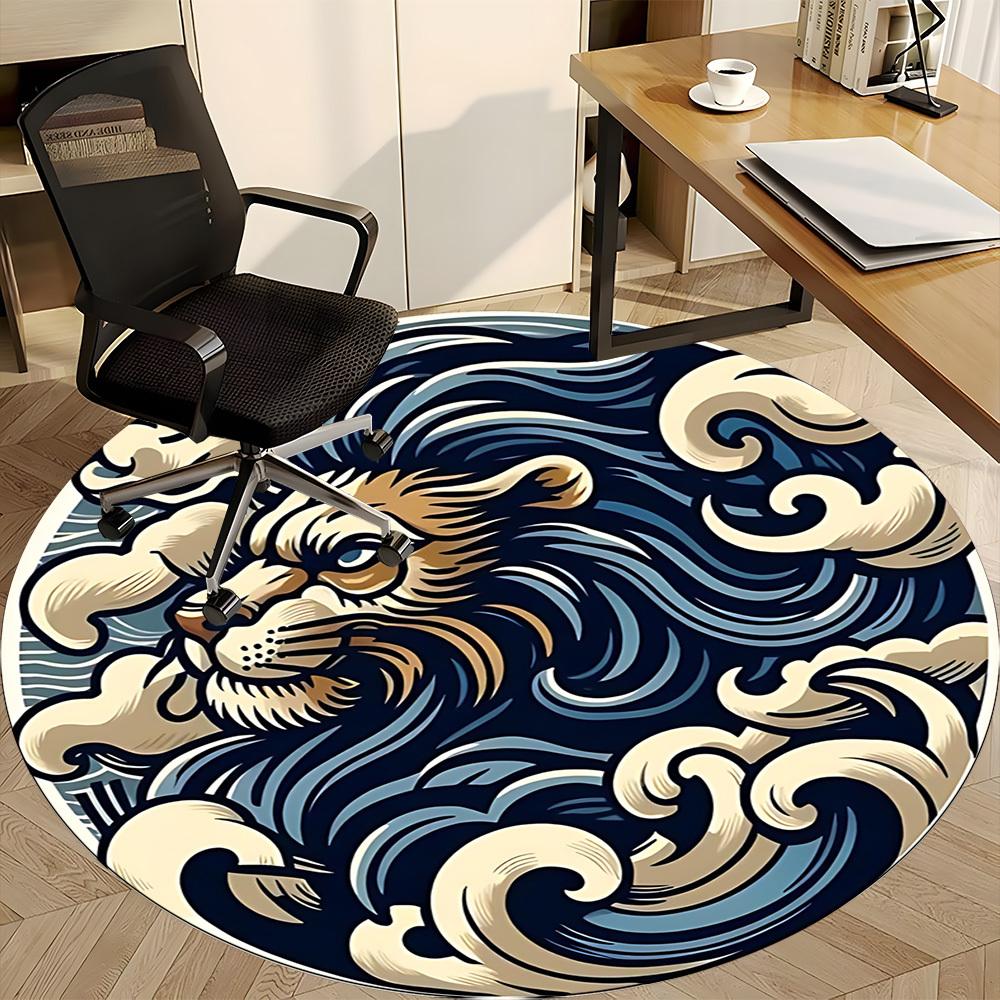 1pc Wave Lion Office Round Area Rug, Mat Suitable For Office, Under Office Chairs Bedroom Living Room Home Decor, Room Deco