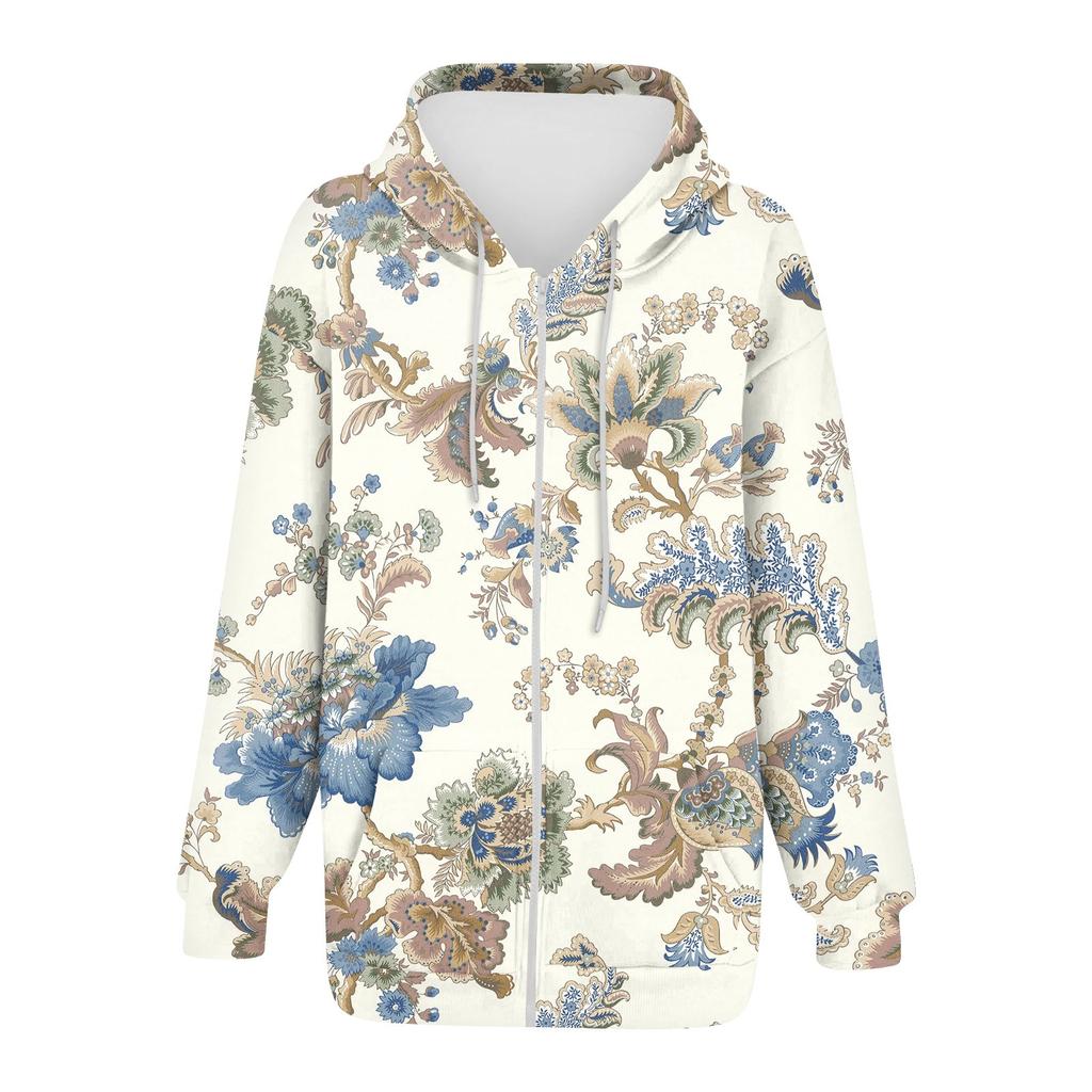 Женская мода повседневная спортивная одежда с цветочным принтом на осень и зиму с длинными рукавами и карманами, куртка-кардиган с капюшоном на молнии, куртка
