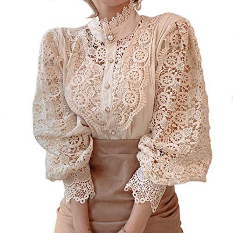 Women Stand Collar Lace Patchwork Shirts Casual Hollow Out Flower Petal Sleeve Button Tops White Shirts for Women