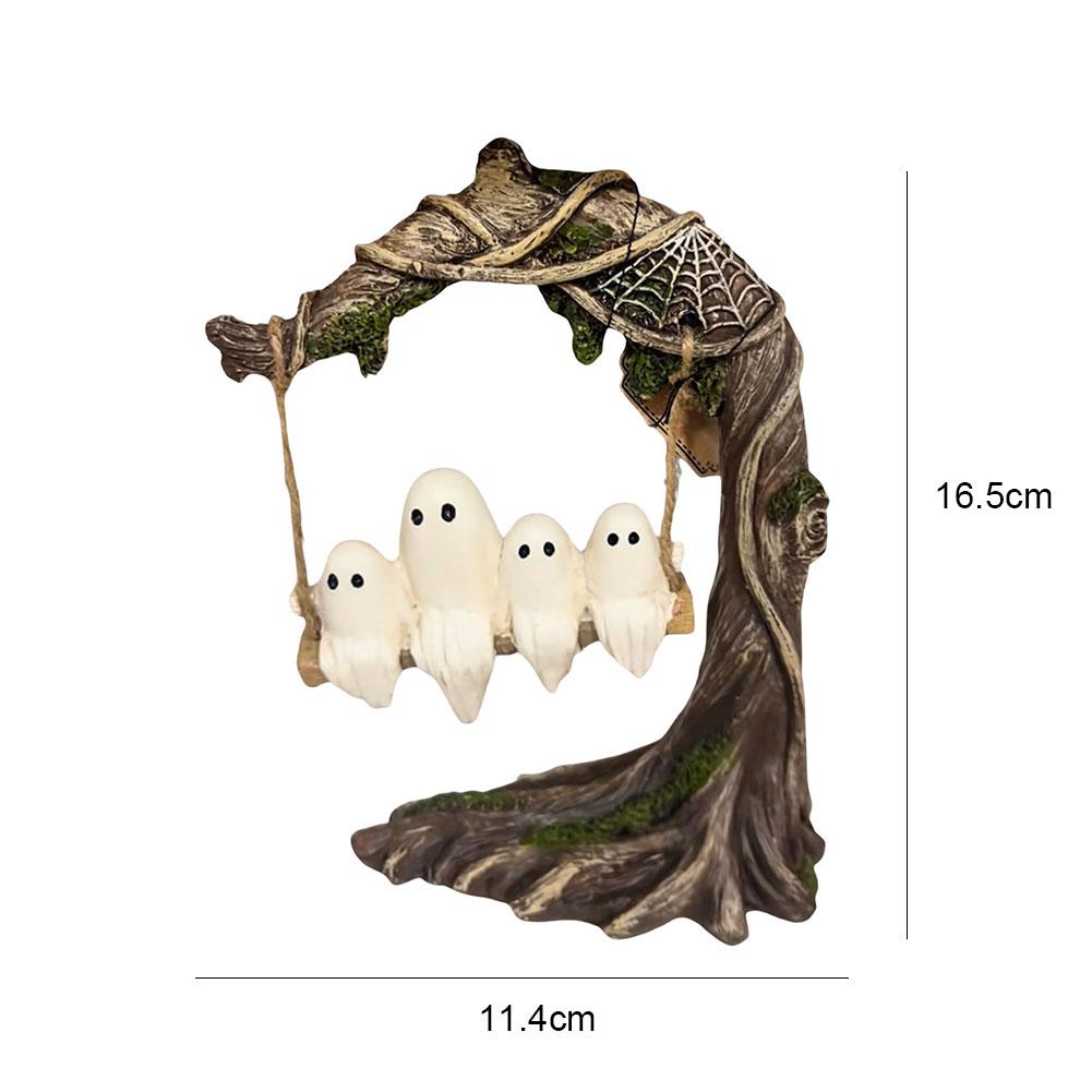 Halloween Cute White Ghost Tree Swing Decoration Resin Spooky Statue Home Car Ornaments For Desk Windowsills Dining Tables