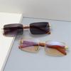 Punk Rimless Rectangle Sunglasses for Women Men Vintage Wooden Temples Tinted Lens Sun Glasses Driving Sun Glasses UV400 Shades