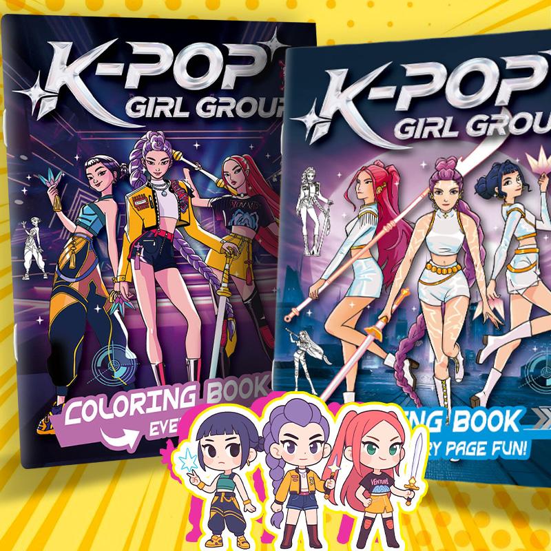 Раскраска «Охотники на демонов K-Pop» для детей с милыми мультяшными иллюстрациями и страницами для эскизов