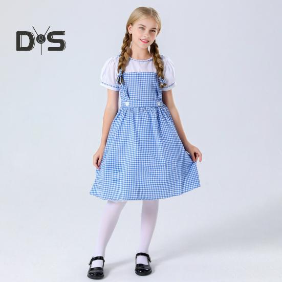 Girl's Blue Gingham Dress Kansas Girl Halloween Fancy Party Dress-up Costume Fairytale Musical Movie Character Cosplay Outfit for Kids