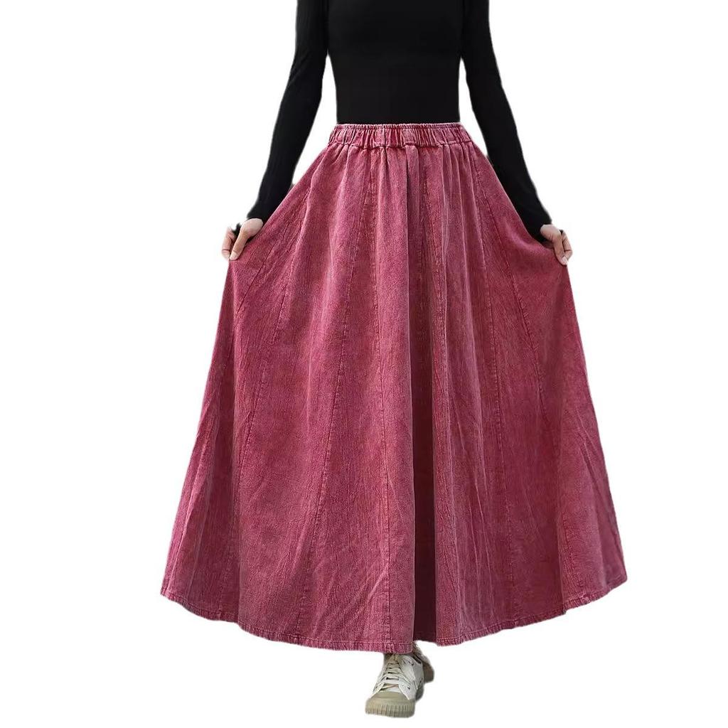 Retro Literary Burnout Cotton Linen Elastic Waist Midi Skirt - Autumn/Winter