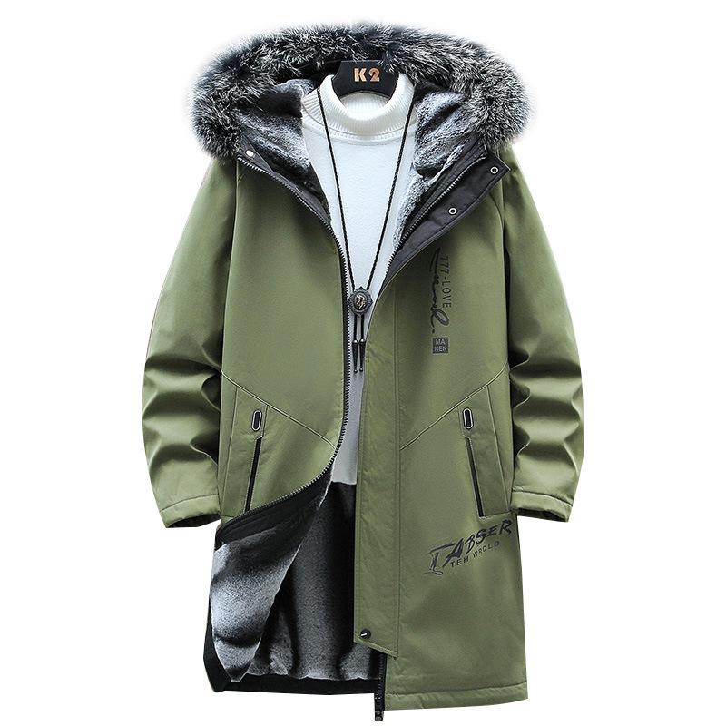 Men's Winter Fleece-Lined Hooded Mid-Length Printed Cotton Coat - Trendy & Warm Casual Jacket