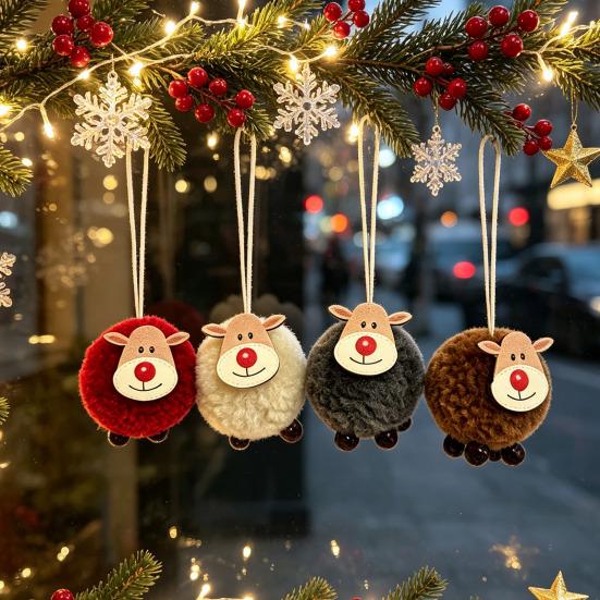 Christmas Tree Ornaments 4Pcs Elk Hanging with Wooden Faces, Reindeer Pendants Holiday Party Supplies for Xmas Home Decor And Decorations Rustic