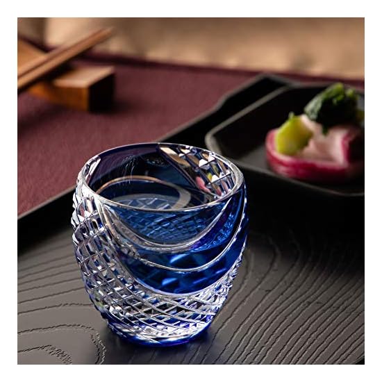 Kagami Crystal Sake Glass, Blue, 80 cc, Edo Kiriko, Nanako-nagashi Pattern, T535-2044CCB