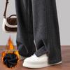Women's Plus Size Fleece Lined Herringbone Wool Straight Leg Pants - High Waist, Versatile Autumn/Winter Casual Wide Leg