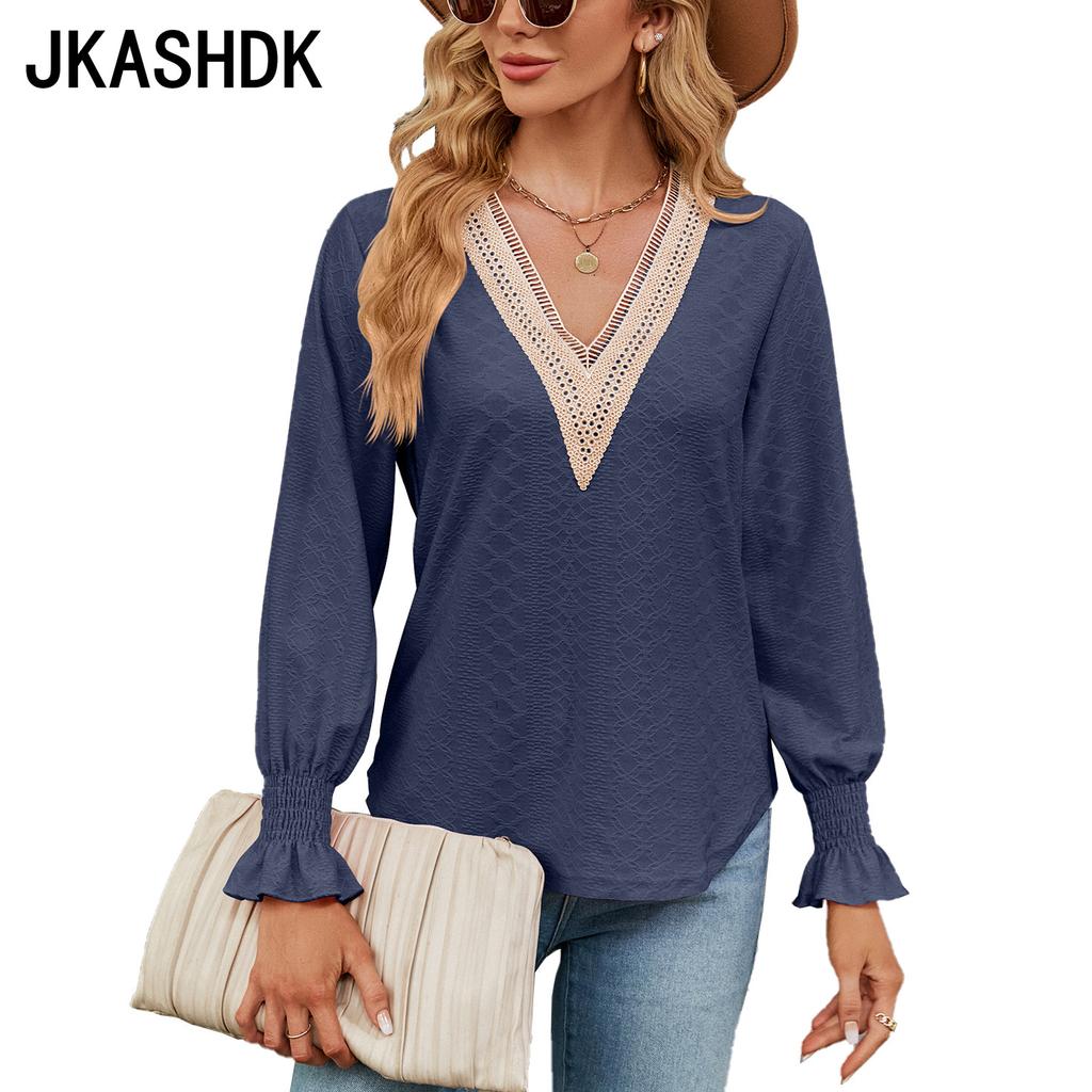 JKAASHDK женские модные повседневные однотонные принты весенне-осенние блузки и рубашки с v-образным вырезом и длинными рукавами