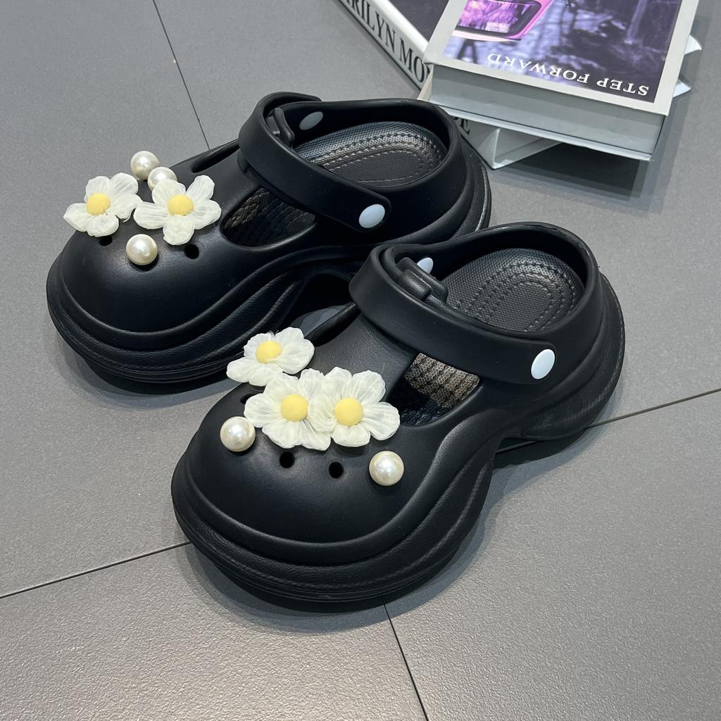 Small Yellow Flower Pearl Hole Shoes Women's Summer New Breathable Comfortable Heightening Thick-soled Outer Bag Head Slippers