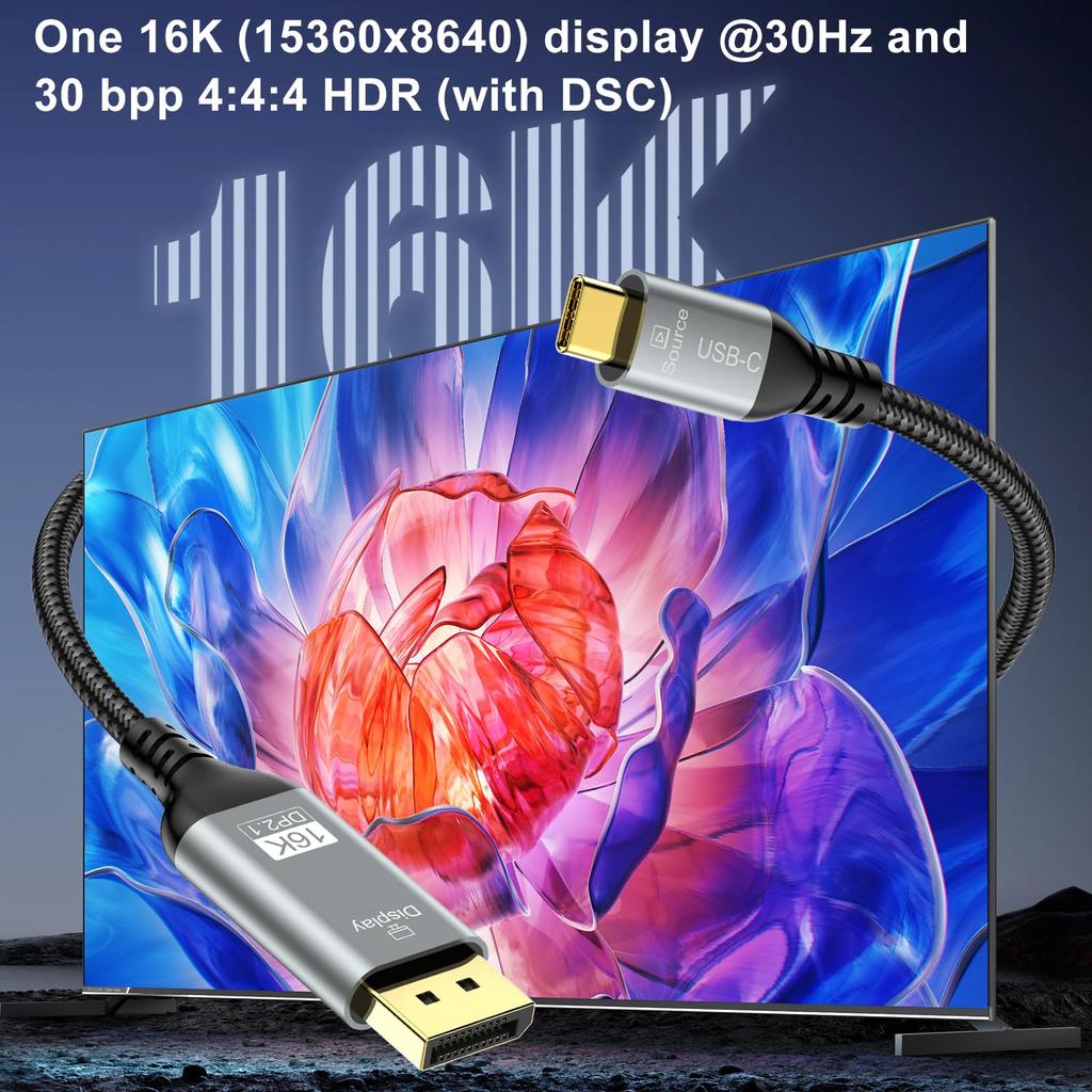 USB C to DisplayPort 2.1 Cable 16K@30Hz 8K@120Hz 4K@240Hz Type C to DP Cable 40Gbps, Compatible For MacBook Pro/iPhone/Dell XPS/Surface/Gaming Monitor