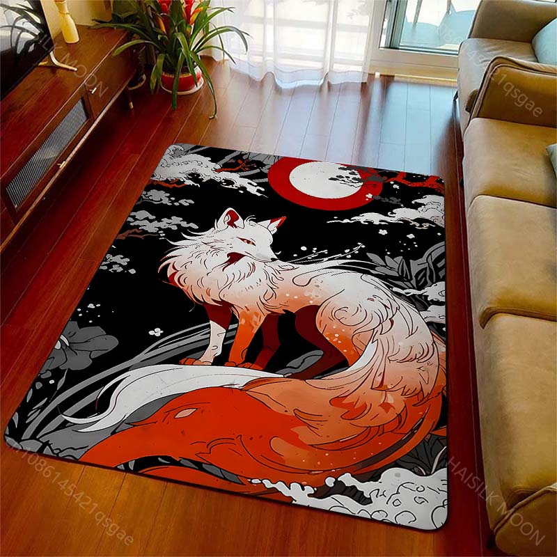 White fox red moon night forest mystical Print Carpet for Living Room Bedroom Sofa Home Decor Non-slip Mat Luxury Gift