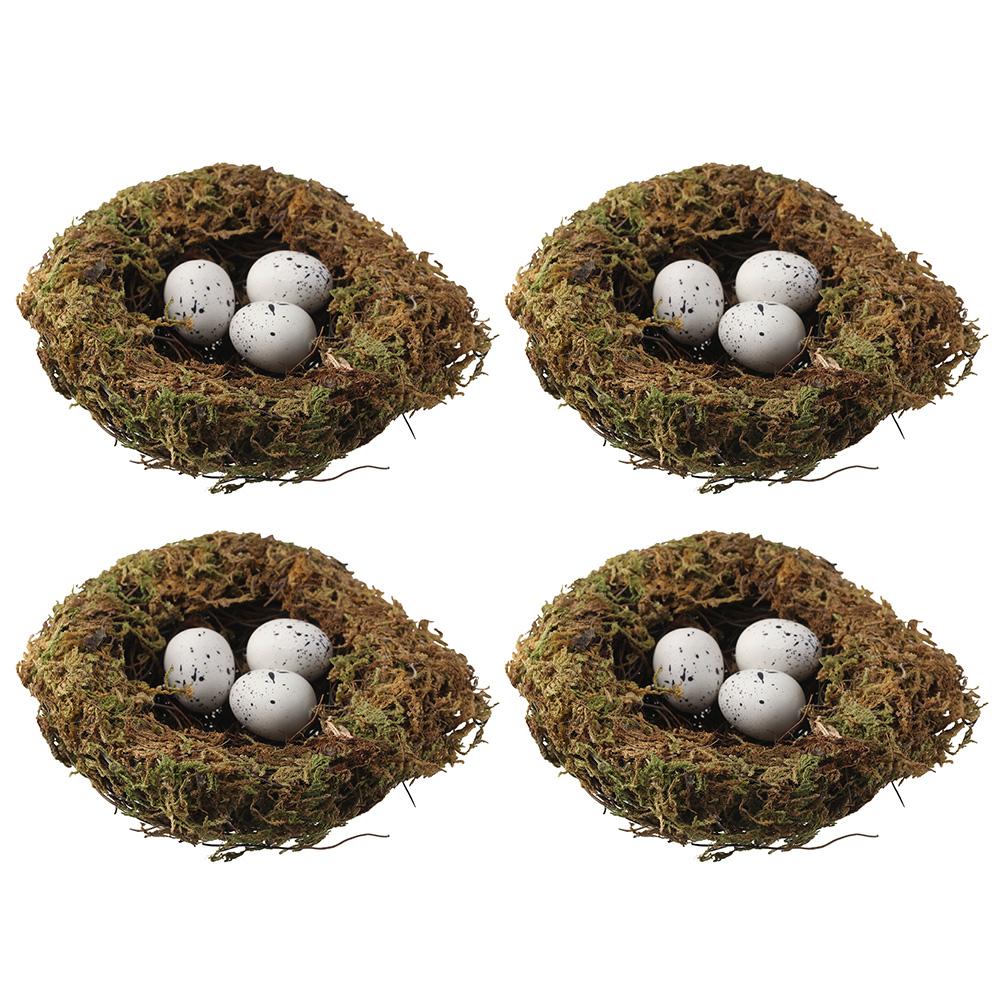 4Pcs 4.7" Bird Nest with 12 Artificial Bird Eggs&4 Packs of Moss Birds Nest Fern Birds Nest Yard