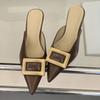 Fashion Metal Buckles Decoration Leather Slippers Women Sexy Pointed Toe Low Heel Slide Sandals Summer Elegant Banquet Dress Muels Shoes