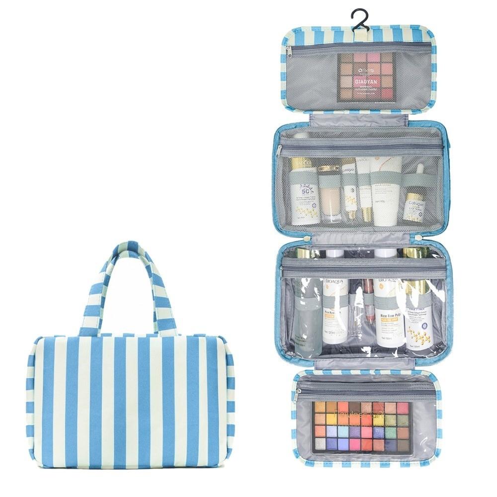 Portable Hanging Travel Toiletry Bag Striped 4-Fold Cosmetic Organizer with Hook Large Capacity Makeup Bag Outdoor