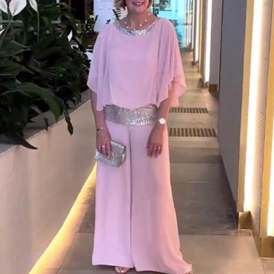 Женский повседневный наряд из 2 шт./компл., топы с круглым вырезом и рукавами «летучая мышь», широкие брюки, блестящий лоскутный шифоновый комплект одежды