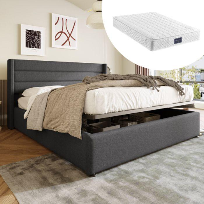 Lit de rangement 140x200 cm - MUVOE - Matelas inclus - Sommier à lattes en bois - Gris - Design moderne