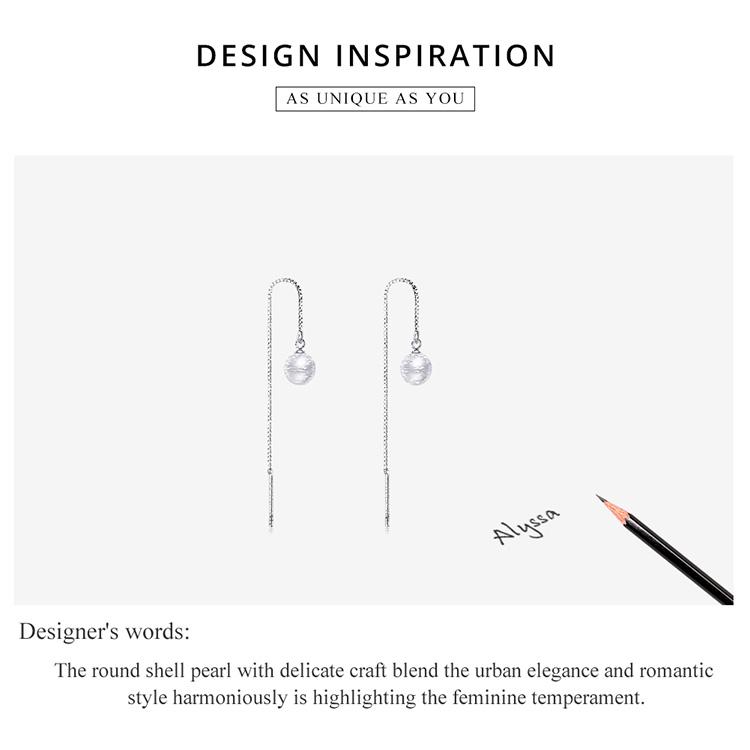 BAMOER 925 пробы серебряные круглые белые жемчужные бусины с длинной цепочкой висячие серьги для женщин изящные ювелирные изделия