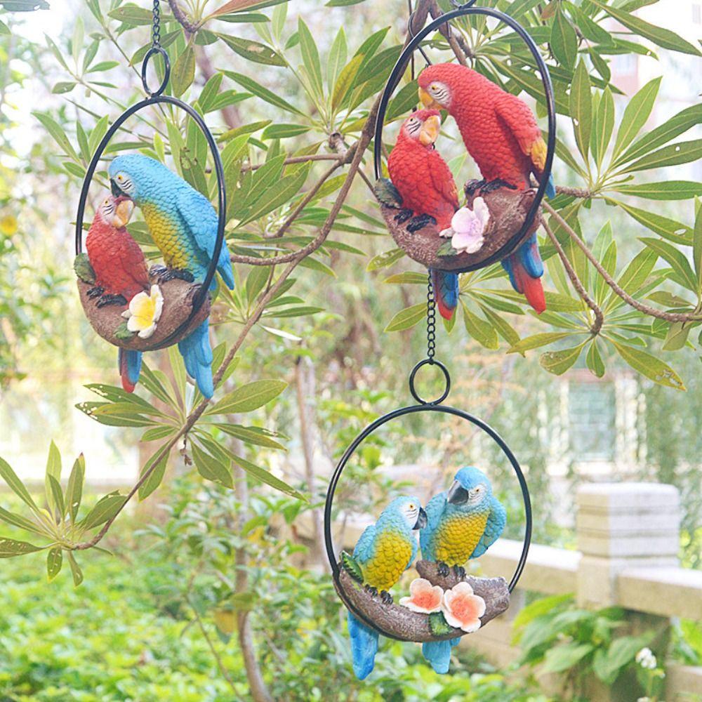 Resin Bird Hanger Model Iron Circle Bird Statue Micro Landscape Double Parrot Pendant Courtyard