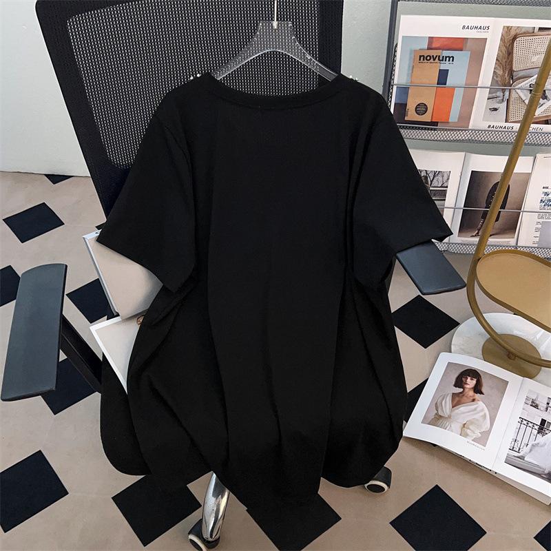 Свободная футболка с V-образным вырезом, средней длины, с короткими рукавами, для женщин, больших размеров